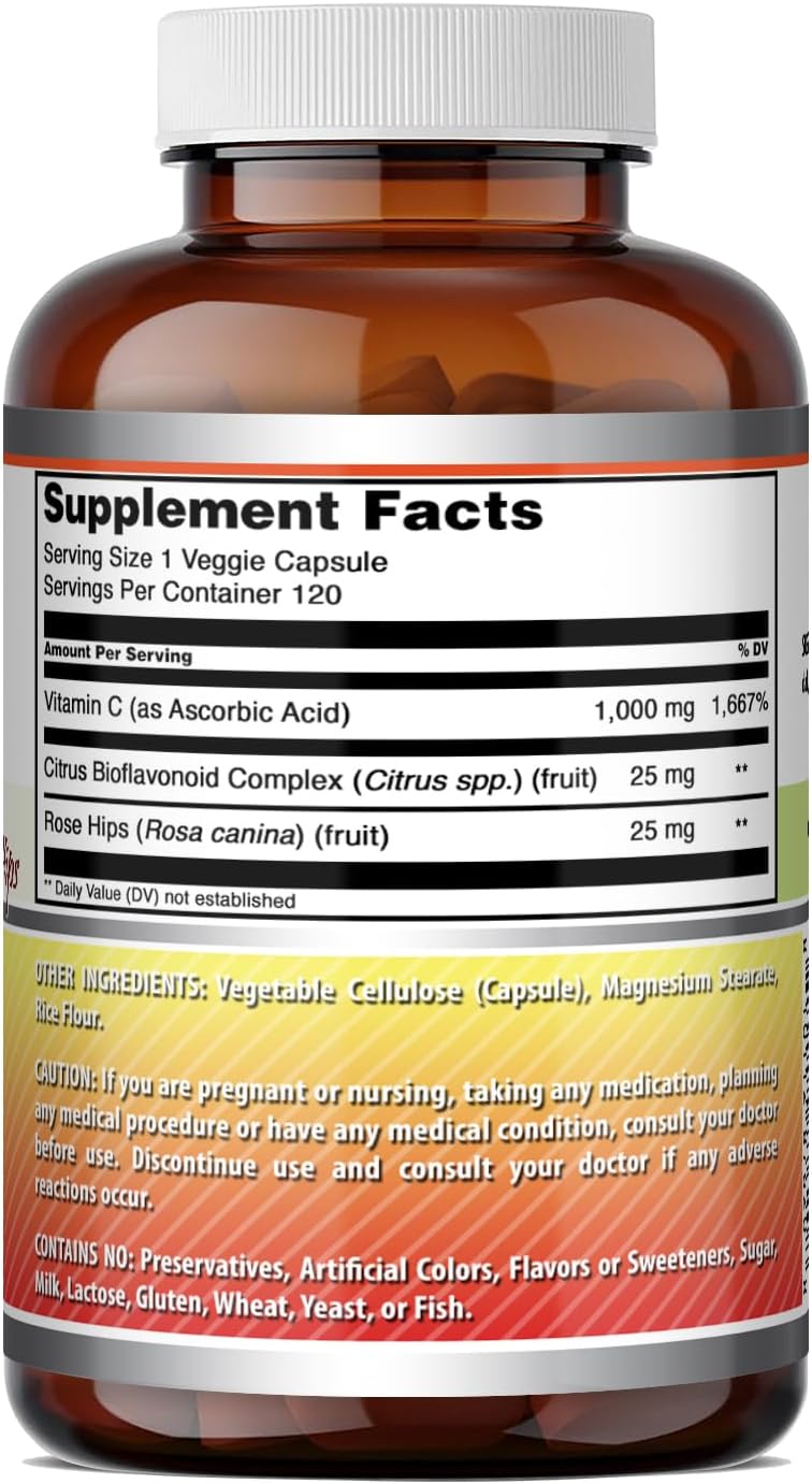 Amazing Formulations Vitamin C (Ascorbic Acid) 1000 mg with Rose Hips & Citrus Bioflavonoids – 120 Vegetable Capsules – Image 5