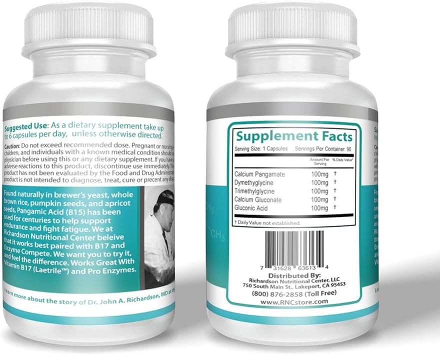 Richardson Nutritional Centre B15 Complete – Extra-strength formula: 500 mg per capsule of pangamic acid, TMG, and – Image 6