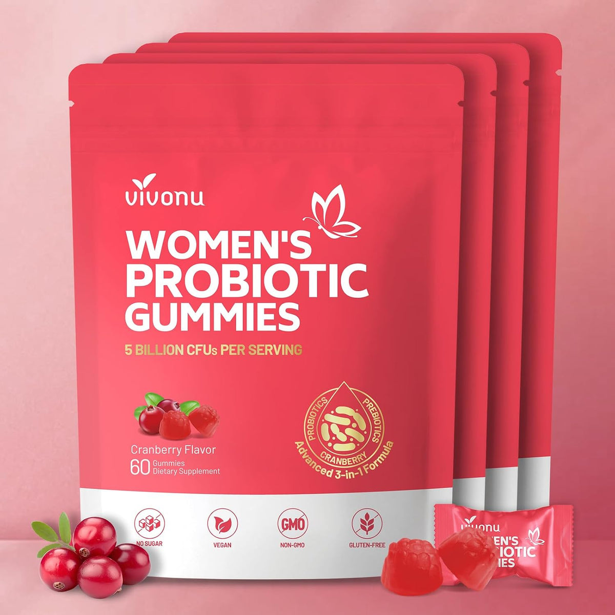 VivoNu Women's's Probiotic Gummies - Feminine Balance Support with Cranberry, 60 Count – Image 10