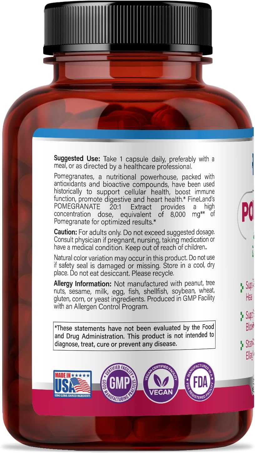 FineLand Pomegranate Extract 20:1 - 40% Ellagic Acid - Antioxidant Support - 120 Vegan Capsules – Image 9