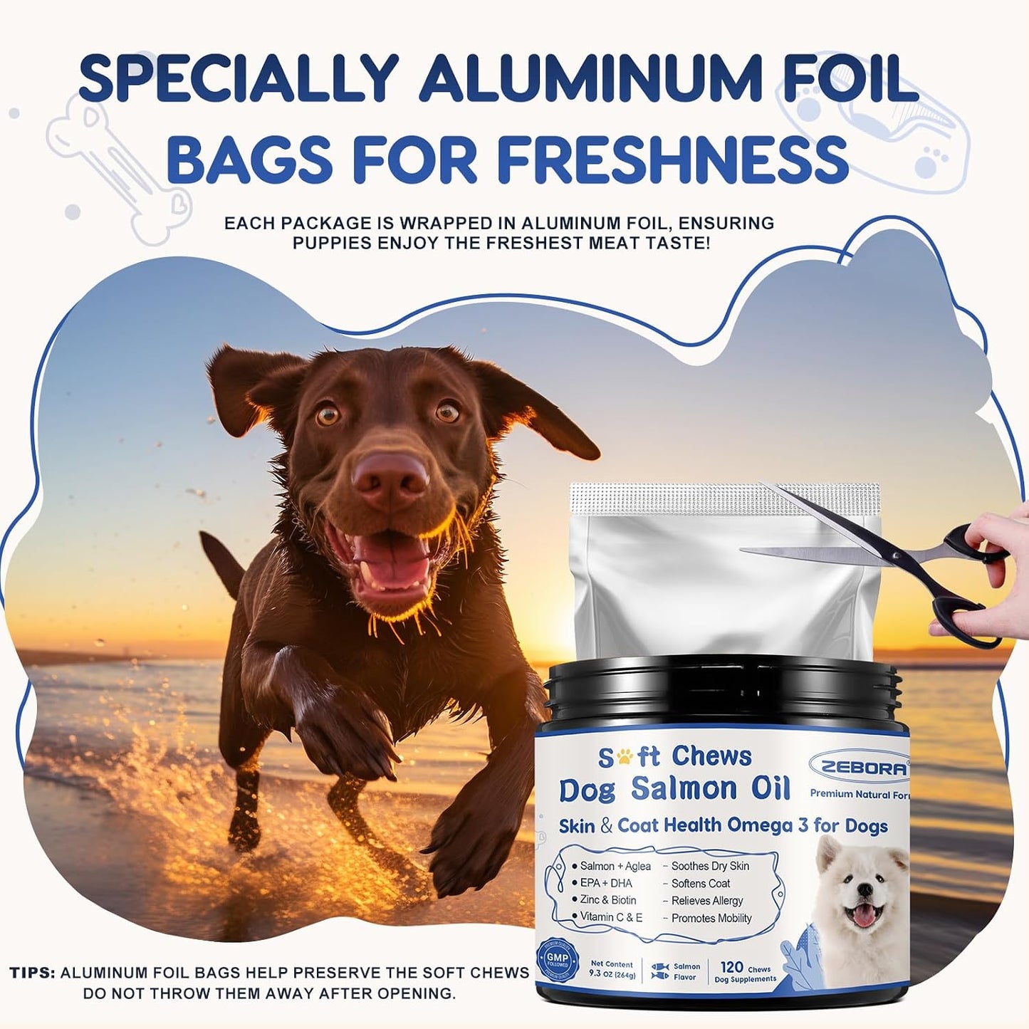 ZEBORA Salmon Oil Soft Chews for Dogs Skin & Coat - Omega 3-6-9 with Vitamins C & E - 120 Chews - görsel 8