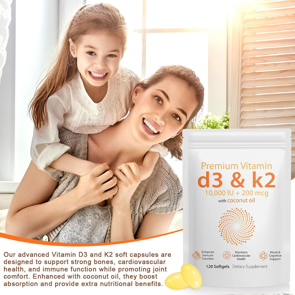 Nyloriaine Vitamin D3 & K2 120 Soft-gels – Teeth Health: Both nutrients contribute to proper mineralisation, – Image 8