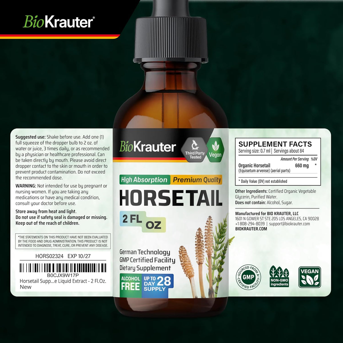 BIO KRAUTER® Horsetail Supplement for Hair, Skin & Nails - Vegan Liquid Drops 660 mg per Serving 2 fl oz - Silica Supplement – Image 8