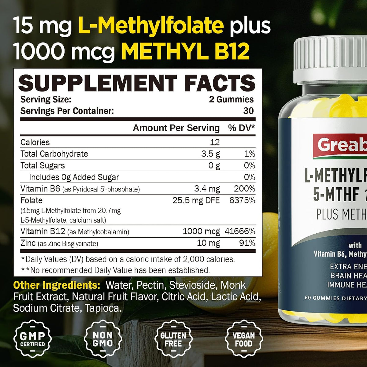 L-Methylfolate Gummies, 5-MTHF 15 mg with – Vitamin B6: Contributes to normal homocysteine metabolism and brain – Image 7