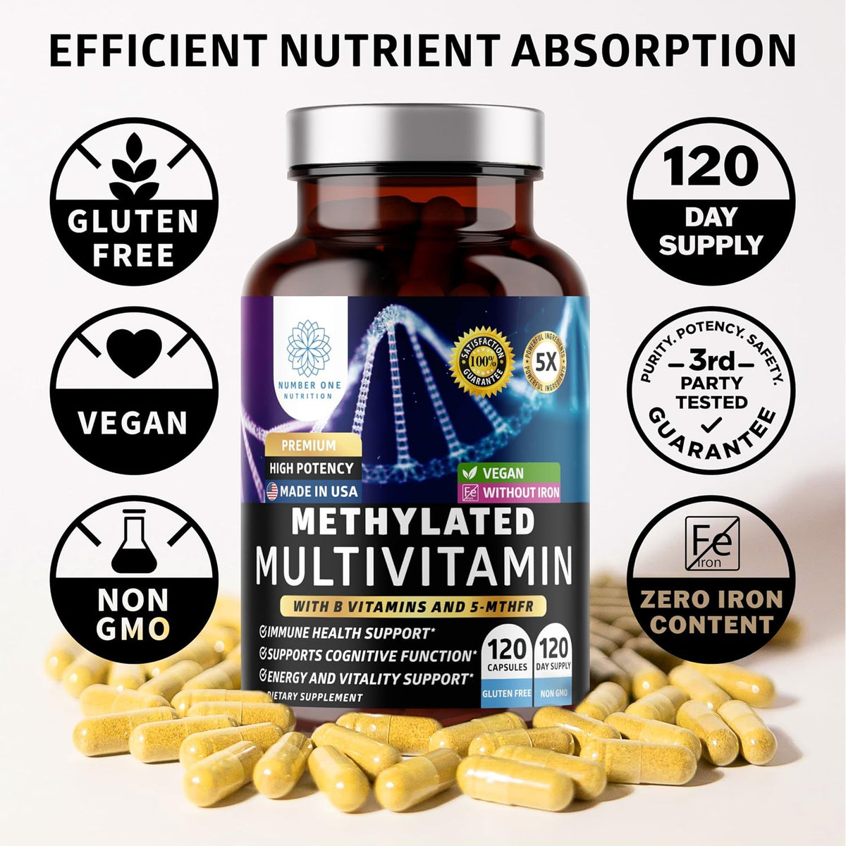 Number One Nutrition Methylated Multivitamin for Women's & Men – Natural Daily Multivitamin with Folate, Vitamin B12, B2 & – Image 7