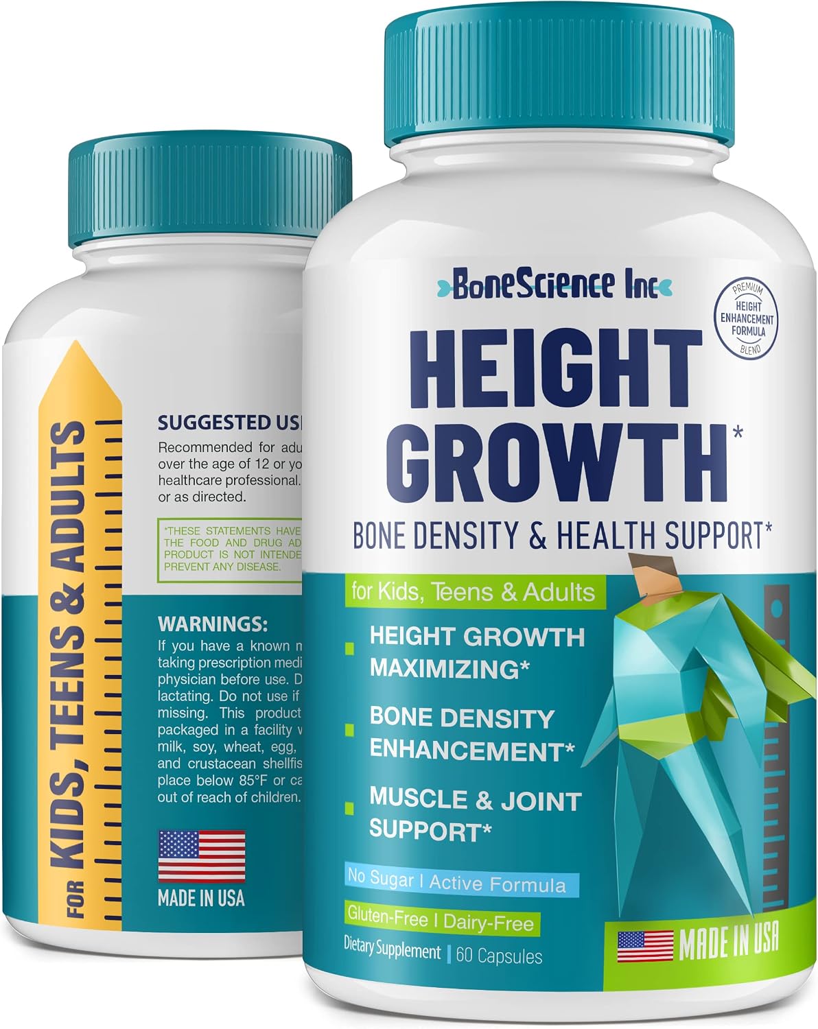 BoneScience Inc Height Growth Maximiser – Growth Optimisation Supplement for Teens & Young Adults – Bone & Development Support with Calcium, Vitamin D3, Zinc & Amino Acids – 2 Pack (60 Count Each) - görsel 8