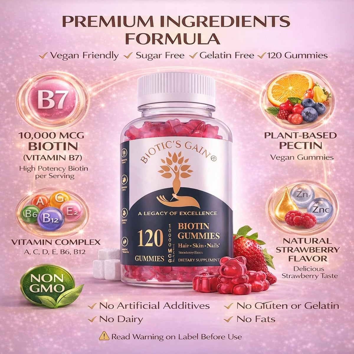Biotic's Gain Biotin Gummies, 10,000 mcg, Hair Skin and Nail Support, with Vitamins A C D E B6 B12 and Zinc, Vegan, – Image 7