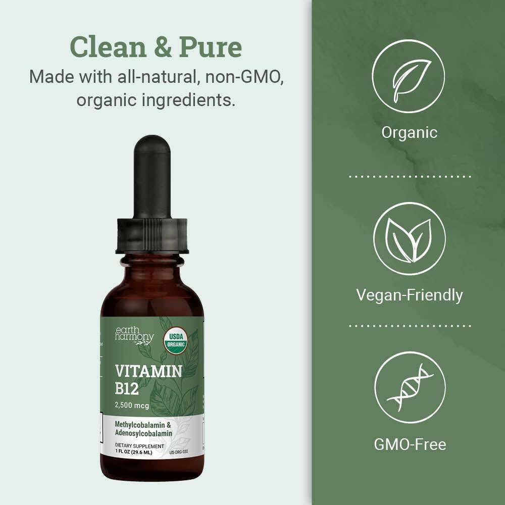 USDA Organic Vitamin B12 2000mcg Sublingual Liquid Supplement (2-Pack) - Vegan Methylcobalamin Drops for Natural Energy and Metabolism Support - 30 ml - görsel 4