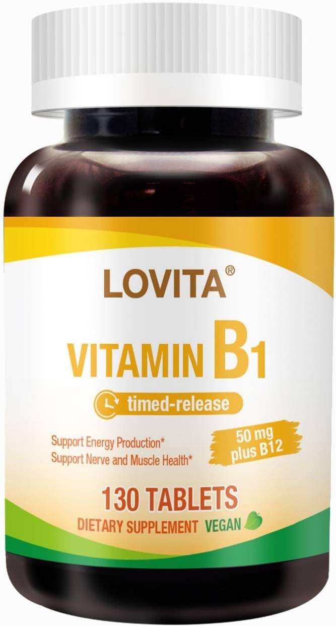 LOVITA Vitamin B1 (Thiamine) 50mg Timed-release – 8 Hour Sustained with B12, 130 Vegan Tablets – Image 1