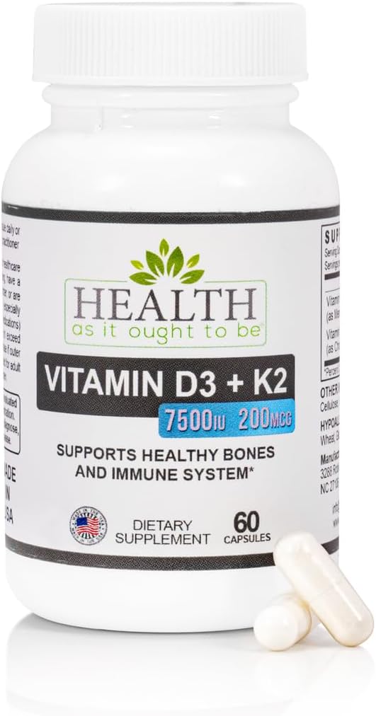 Health As It Ought To Be D3+K2 Supplement: Vitamin D3 7500 IU + K2 200 mcg, 60 Capsules - görsel 1