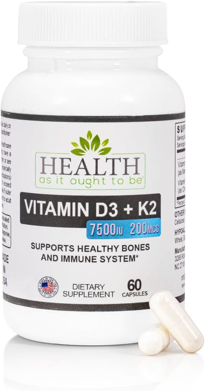 Health As It Ought To Be D3+K2 Supplement: Vitamin D3 7500 IU + K2 200 mcg, 60 Capsules