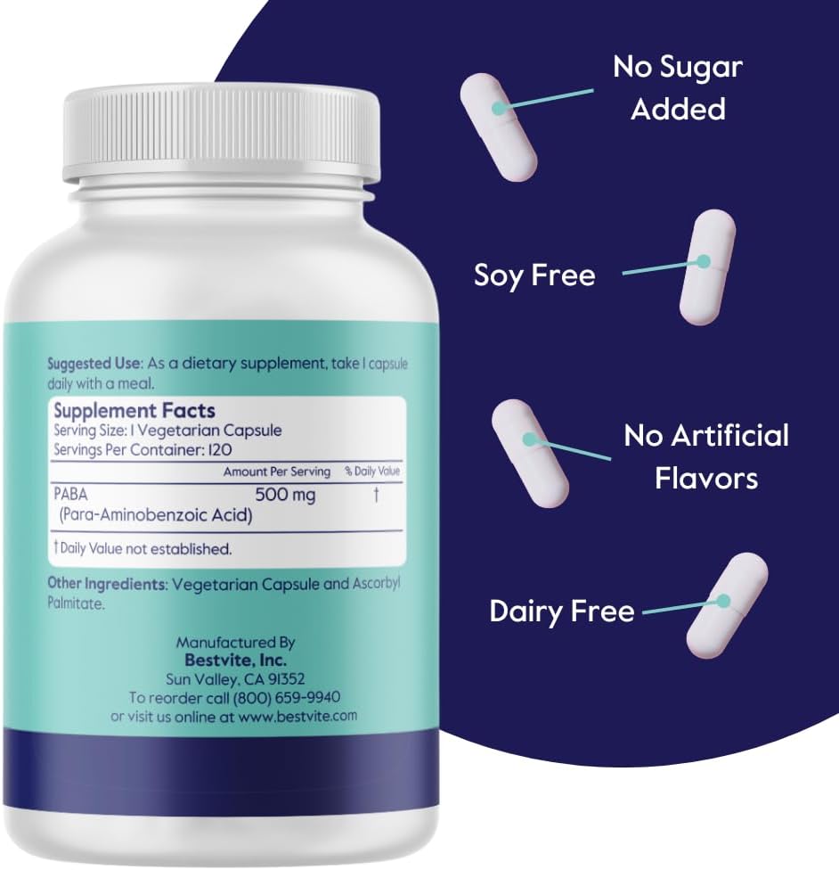 BESTVITE PABA 500mg (120 Vegetarian Capsules) - para-Aminobenzoic Acid - görsel 2