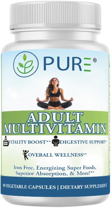 PURE Adult Multivitamin Iron Free - High Potency Daily Wellbeing with Superfoods, B12 & Zinc - 90 Vegetable Capsules - görsel 1