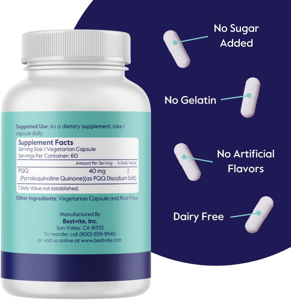 BESTVITE PQQ 40mg (Pyrroloquinoline Quinone) – 120 Vegetarian Capsules – Mitochondrial Support - görsel 3