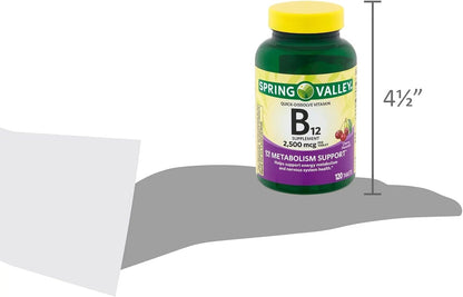 Spring Valley Vitamin B12 2500 mcg – 120 tablets per bottle for a two-month supply at one tablet daily – Image 5
