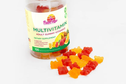 Flamingo Supplements Multivitamin Gummies | Vegan Friendly, Kosher Halal, No Gelatine, Non-GM | for Men, Women & Kids | 3 Natural Flavours | Vitamins C, B3, B12, Biotin, Zinc & More | 100 Gummies