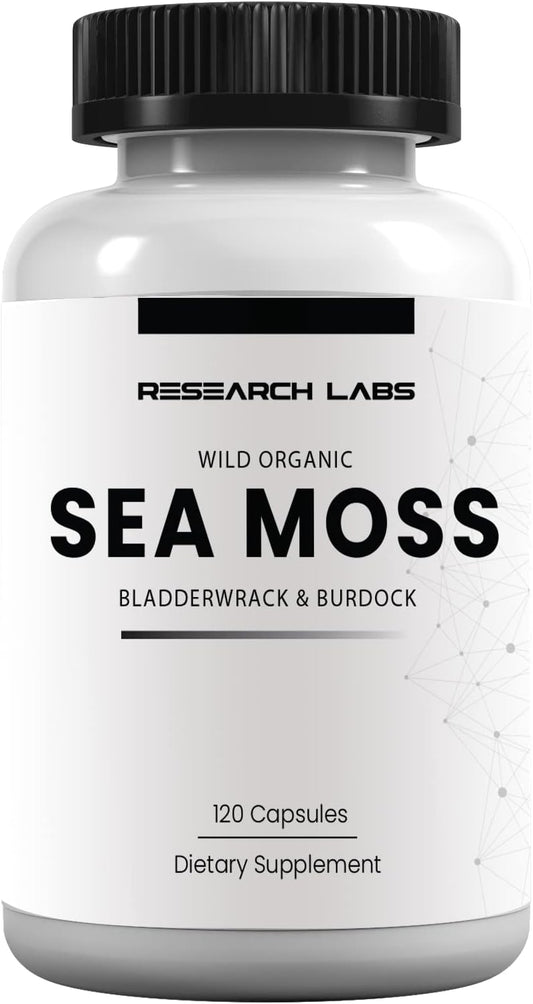 Research Labs Organic Irish Sea Moss Capsules – Raw Wildcrafted Sea Moss with Bladderwrack & Burdock Root, 120 Capsules – Image 1