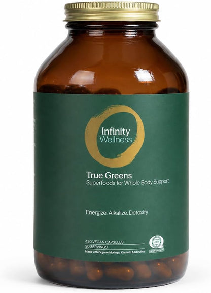 Infinity Greens Superfood Capsules - Blue Green Algae Based with 28 Organic Superfoods, No Fillers or Grasses, Low Temp Dehydrated (34 Servings)