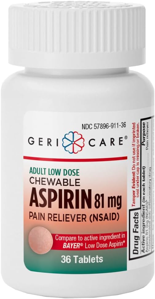 GeriCare Low Dose Adult Chewable Aspirin 81mg, Pain Reliever & Fever Reducer, 36 Pack – Image 1