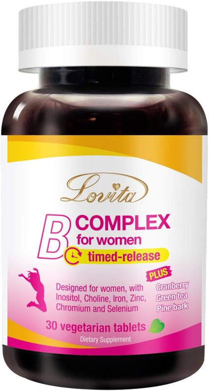 LOVITA High Potency Vitamin B Complex for Women's - Timed-release with Iron, Vitamin C, Cranberry, Pine Bark, Green Tea (Pack of 3, 90 Tablets)