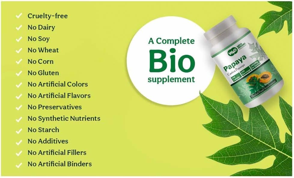 WAY 4 ORGANIC W4O Papaya Leaf Extract Tablets - 1000 mg, 300 Count (150 Servings) - Supports Digestion and Immunity - görsel 8