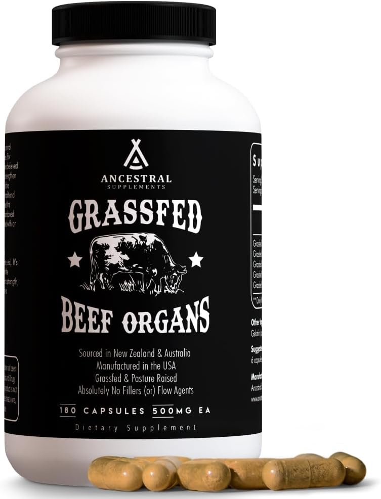 Ancestral Supplements Grass Fed Beef Organ Supplement – Whole Body Wellbeing Blend, 180 Capsules - görsel 1