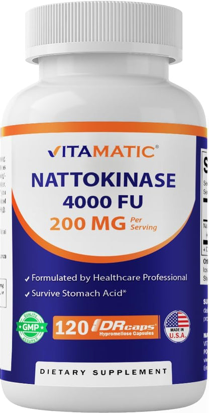 Vitamatic Nattokinase Supplement 4,000 FU Servings, 120 Delayed Release Capsules - Survives Stomach Acids - Non-GM & Gluten free - Made in the USA (2 Packs)
