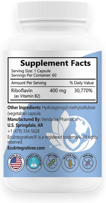 B2-400 Pure Riboflavin - Supports Nervous System Health, Homocysteine Metabolism, Cardiovascular Health, Energy Production, – Image 2