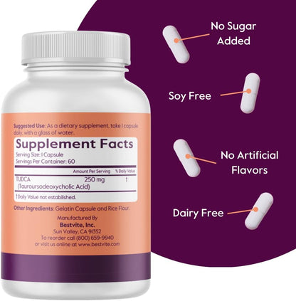BESTVITE TUDCA 250mg (60 Capsules) (Tauroursodeoxycholic Acid) - No Stearates - Gluten free - Non-GM