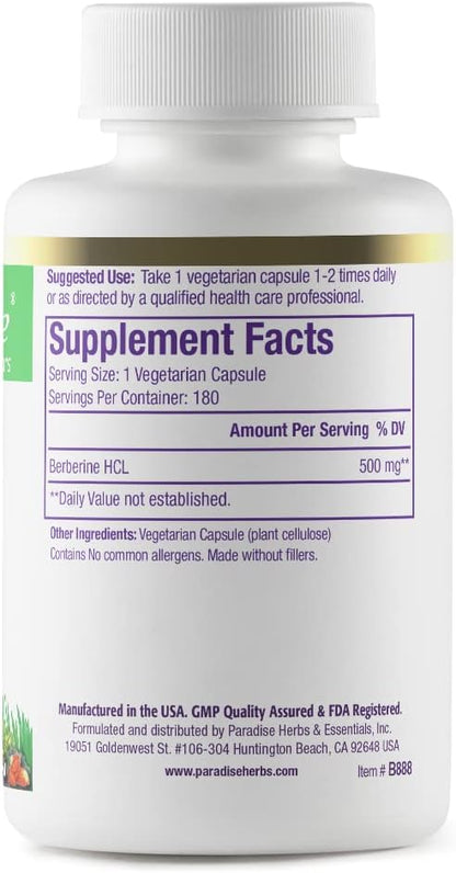 Paradise Herbs Berberine Extract 500 mg – Pure & Potent Supplement, 180 Vegan Capsules