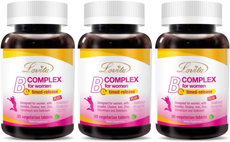 LOVITA High Potency Vitamin B Complex for Women's - Timed-release with Iron, Vitamin C, Cranberry, Pine Bark, Green Tea (Pack of 3, 90 Tablets) - görsel 1