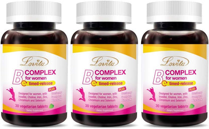 LOVITA High Potency Vitamin B Complex for Women's - Timed-release with Iron, Vitamin C, Cranberry, Pine Bark, Green Tea (Pack of 3, 90 Tablets)