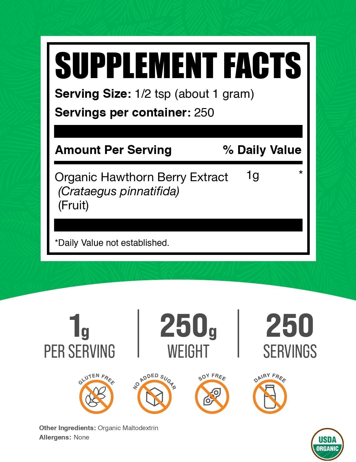 BulkSupplements Organic Hawthorn Berry Extract Powder - 250g - Gluten free, 1g per Serving - görsel 2