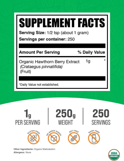 BulkSupplements Organic Hawthorn Berry Extract Powder - 250g - Gluten free, 1g per Serving