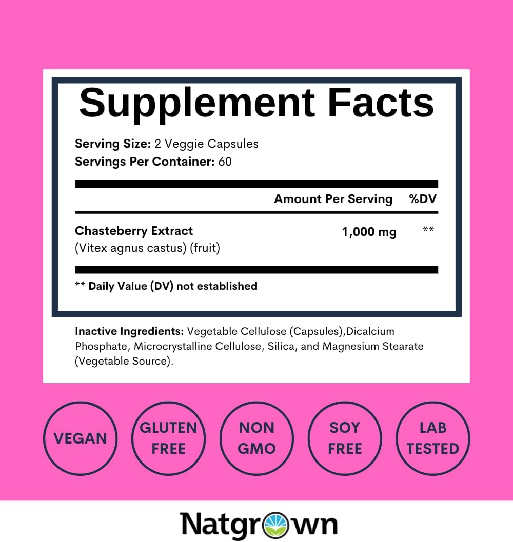 Natgrown Vitex Chasteberry Supplement for Women's 1,000 mg – Supports Hormonal Balance & Reproductive Health – Agnus Castus Chaste Tree Berry Fruit Extract Capsules – 120 Capsules - görsel 4