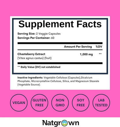 Natgrown Vitex Chasteberry Supplement for Women's 1,000 mg – Supports Hormonal Balance & Reproductive Health – Agnus Castus Chaste Tree Berry Fruit Extract Capsules – 120 Capsules