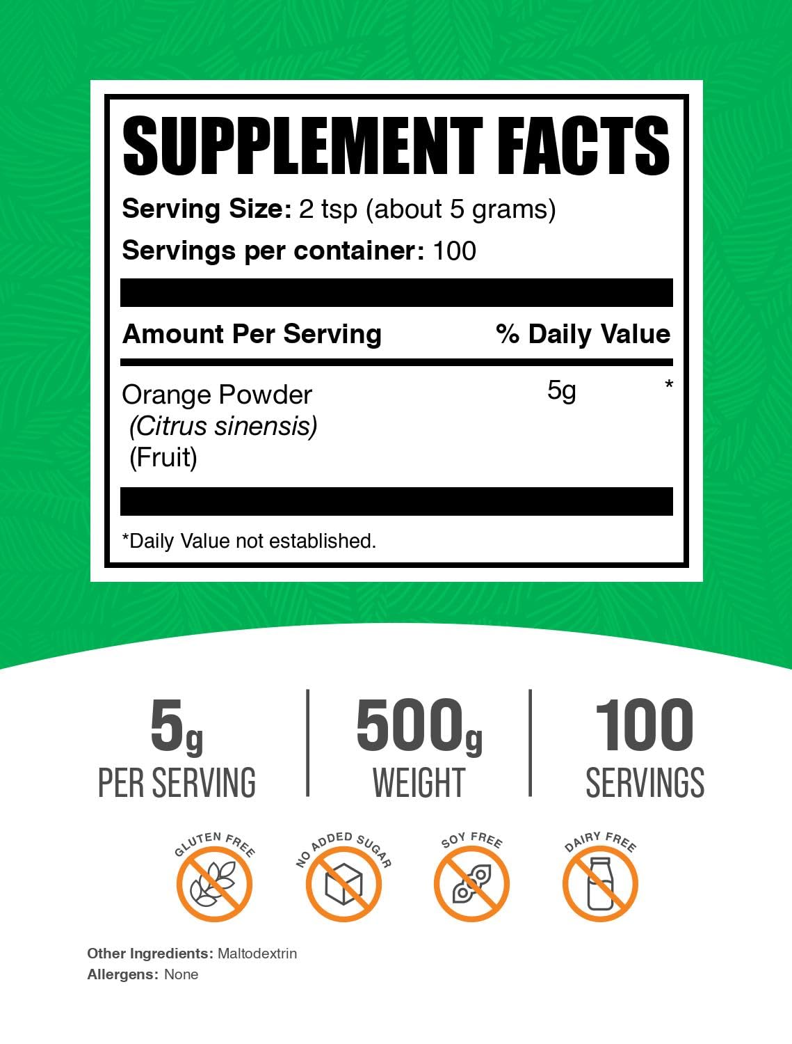BulkSupplements Orange Powder - Orange Fruit Powder, Nutrient-Rich Flavouring - Gluten free, 5g per Serving, 500g (Pack of 1) - görsel 2