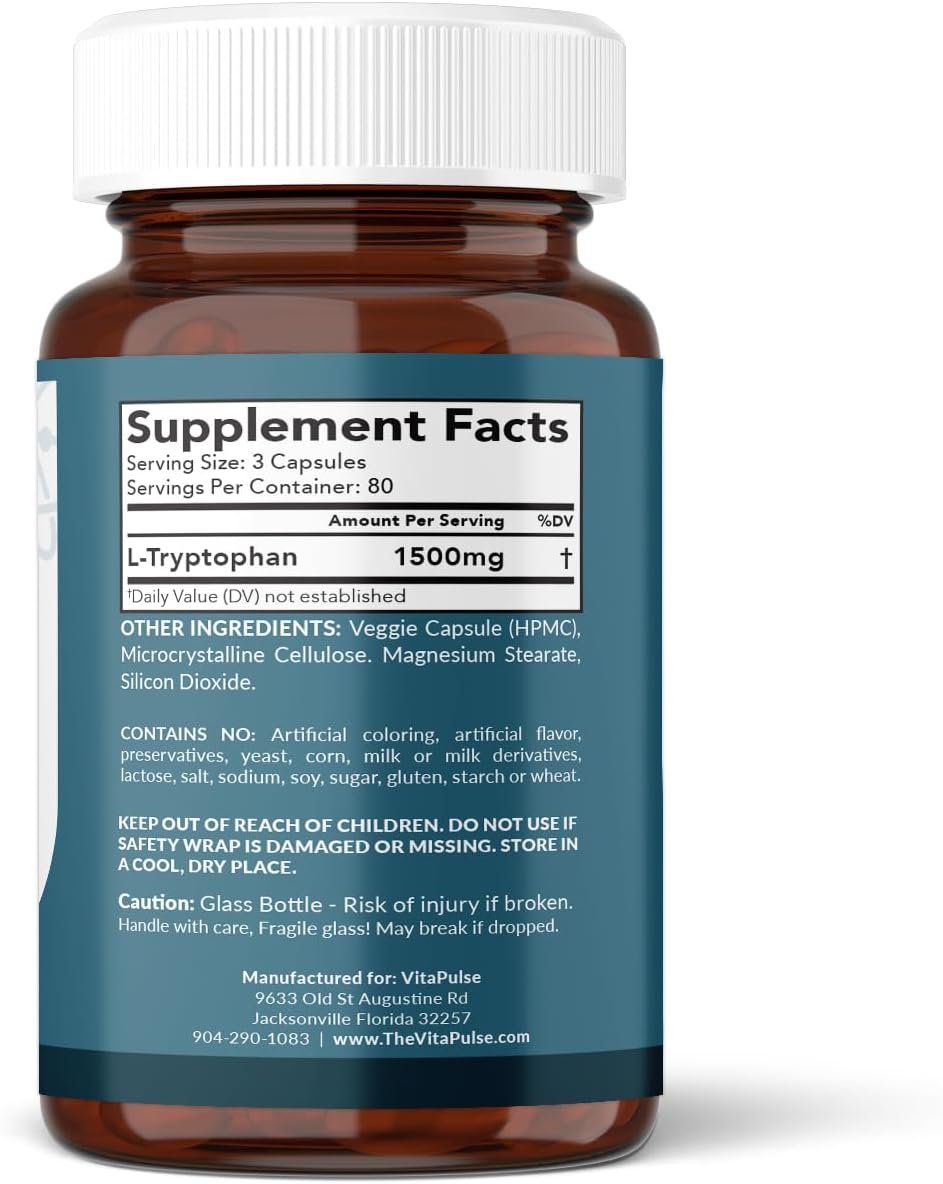 L-Tryptophan Supplement, 1500mg, 240 Capsules, Night-time Formula, Non-GM – Image 3