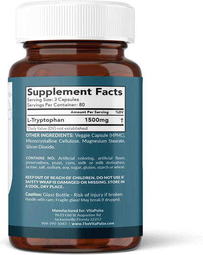 L-Tryptophan Supplement, 1500mg, 240 Capsules, Night-time Formula, Non-GM – Image 3