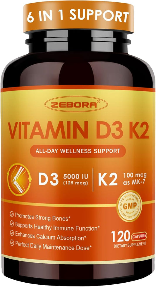 ZEBORA Vitamin D3 K2 5000 IU, 6-in-1 D3K2 – Bone Health: Vitamin D3 boosts calcium absorption, and vitamin K2 – Image 1