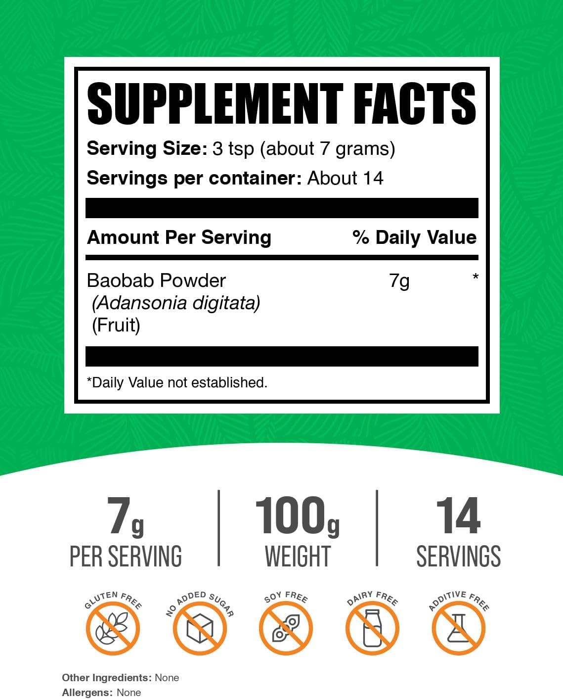 BulkSupplements.com Baobab Fruit Powder - Antioxidant Supplement, Gluten free, 7g per Serving, 100g - görsel 2