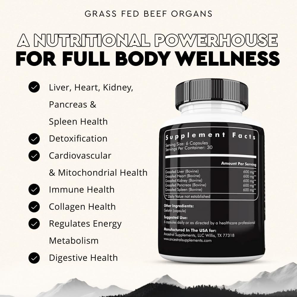 Ancestral Supplements Grass Fed Beef Organ Supplement – Whole Body Wellbeing Blend, 180 Capsules - görsel 3