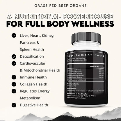 Ancestral Supplements Grass Fed Beef Organ Supplement – Whole Body Wellbeing Blend, 180 Capsules