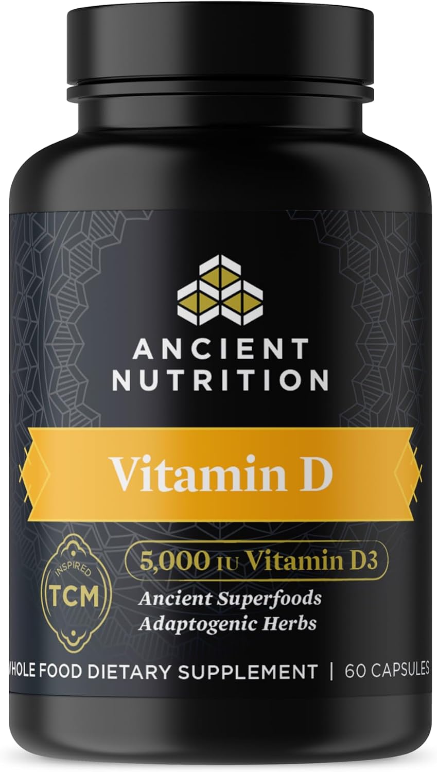 Ancient Nutrition Vitamin D Supplement, 5,000 IU for Immune Support, Made from Bone Broth and Mushroom Extract, Paleo and Keto Friendly, 60 Capsules - görsel 1