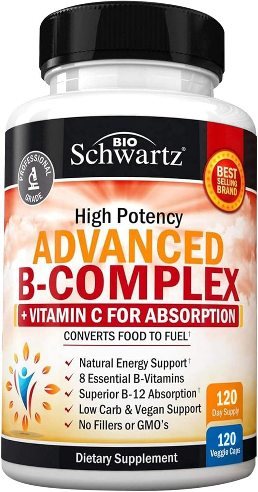 Vitamin B Complex with Vitamin C – Methylcobalamin B12 & Folate Supplement, 120 Capsules – Image 1