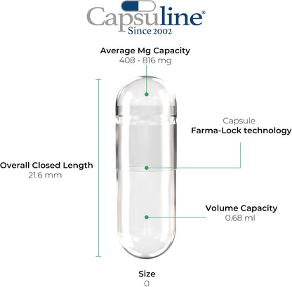 Capsuline Size 0 Empty Gelatine Capsules, Clear - 5000 Count | Gluten free, Kosher, Non-GM Certified | Pure Bovine Pill Caps for DIY Supplement Filling