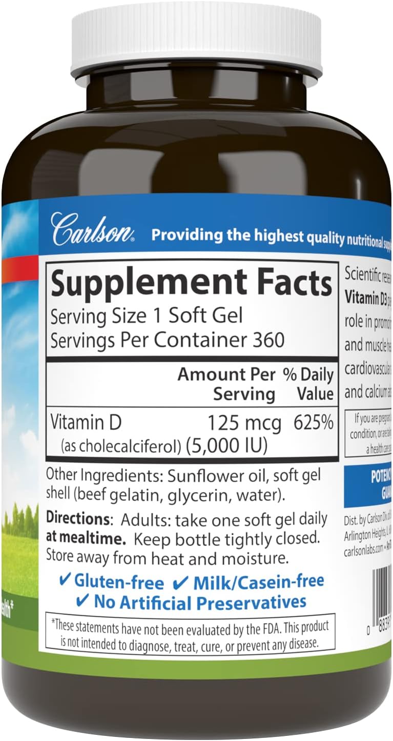 Carlson Vitamin D3 5,000 IU, Bone Health, 360 Soft Gels - görsel 2