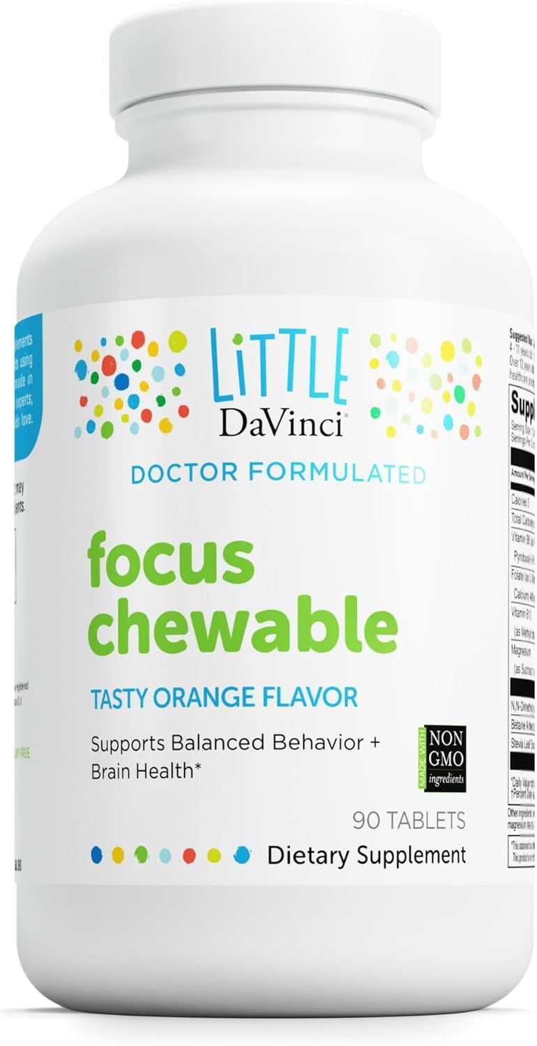 Little DaVinci Focussed Chewable - Supplement to Support Behaviour, Brain Health, and Immune Health for Kids - With Vitamin B6, Folate, Vitamin B12, and More - Orange Flavour - Sugar free - 90 Tablets - görsel 1