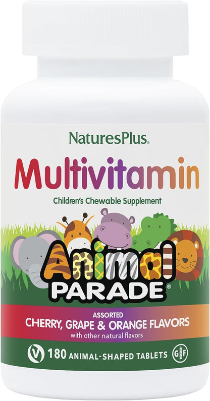 NaturesPlus Animal Parade Children's Chewable Multivitamin - 180 Animal-Shaped Tablets (Pack of 3) - Natural Assorted Flavours - Vegan, Gluten free - 270 Servings