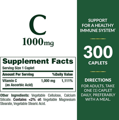 Nature's Bounty Vitamin C 1000mg, Supports Immune and Antioxidant Health, 300 Vegetarian Caplets